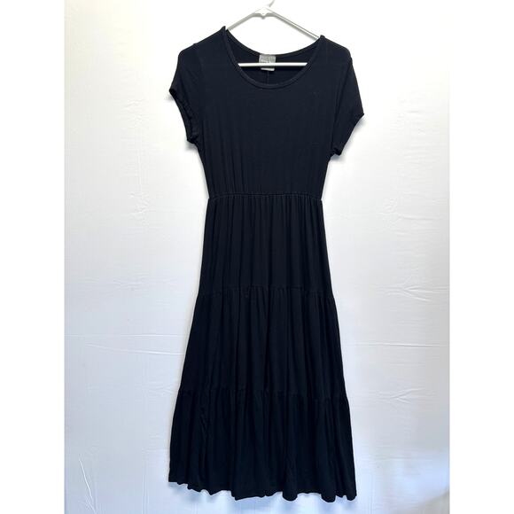 Olivia Rae Black Dress XL Midi Super Soft Jersey Knit Layers Cap Sleeve Cottage - Picture 1 of 9